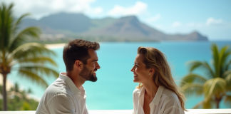 Coût moyen lune de miel Hawaï : quel budget prévoir ? Couple souriant sur un balcon face à Waikiki plage