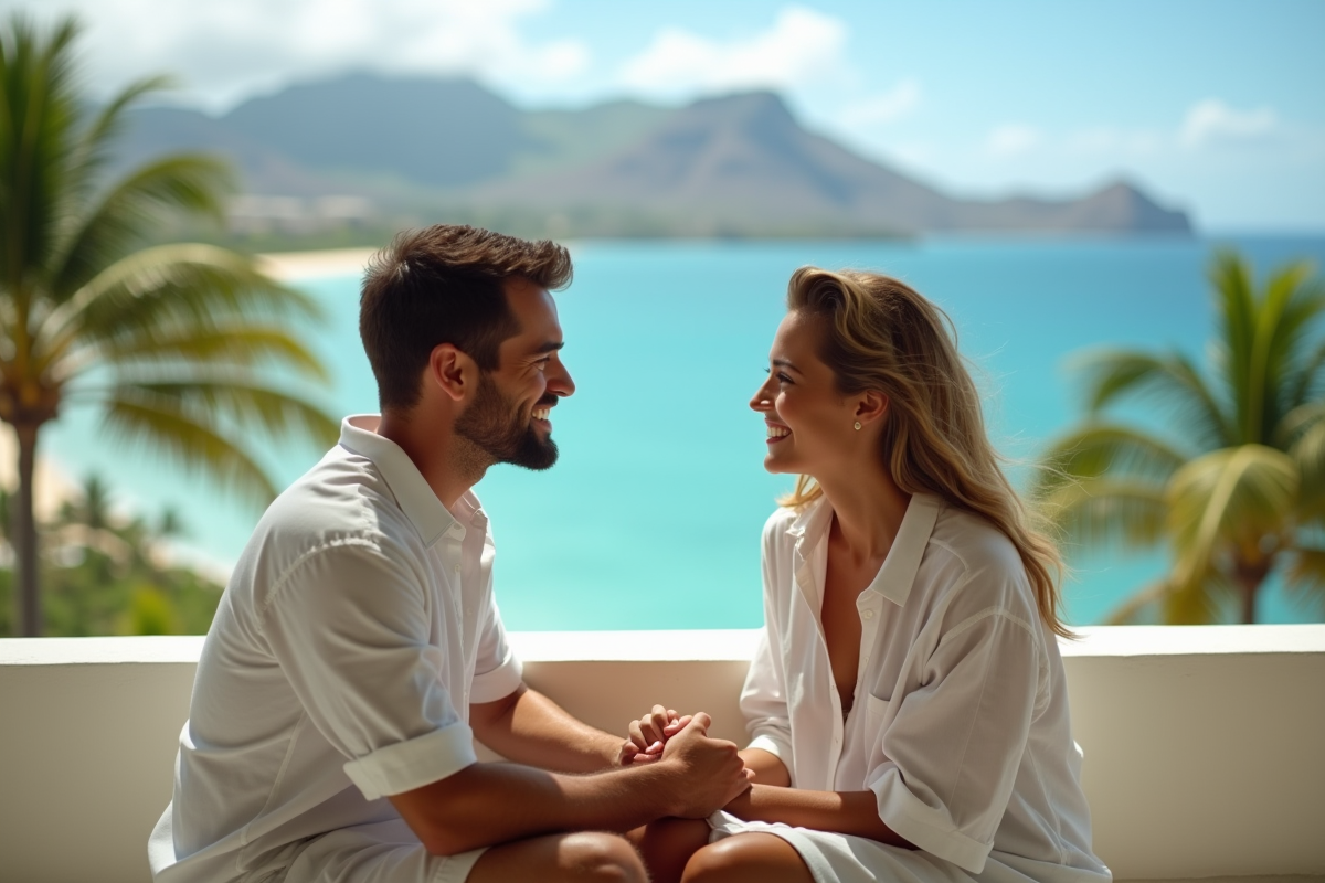 Couple souriant sur un balcon face à Waikiki plage