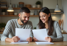 Comment opter entre le pacs et le mariage ? Jeune couple dans une cuisine moderne examinant des documents