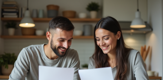 Comment opter entre le pacs et le mariage ? Jeune couple dans une cuisine moderne examinant des documents