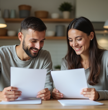 Comment opter entre le pacs et le mariage ? Jeune couple dans une cuisine moderne examinant des documents