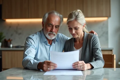 Couple d'adultes lisant des documents dans une cuisine moderne