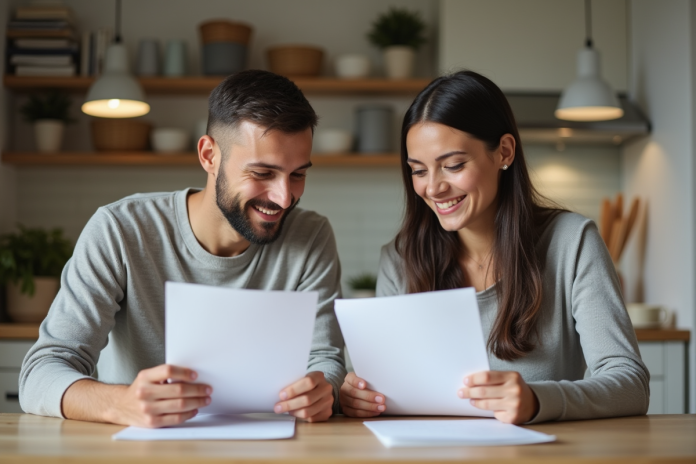 couple-lecture-papiers-cuisine Jeune couple dans une cuisine moderne examinant des documents