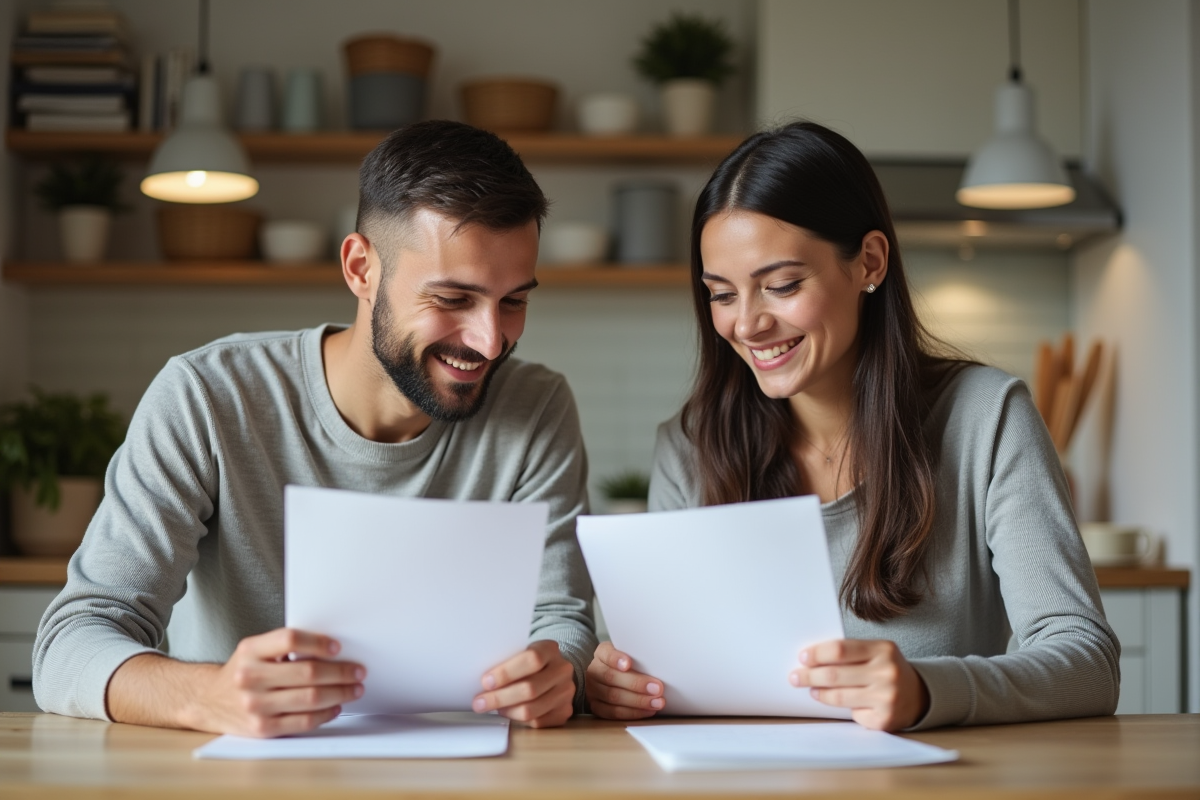 Jeune couple dans une cuisine moderne examinant des documents