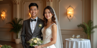 Buffet froid mariage : idées et conseils pour votre réception ! Jeune couple en mariage souriant près d'un buffet élégant