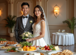 Buffet froid mariage : idées et conseils pour votre réception ! Jeune couple en mariage souriant près d'un buffet élégant