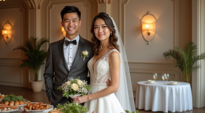 Buffet froid mariage : idées et conseils pour votre réception ! Jeune couple en mariage souriant près d'un buffet élégant