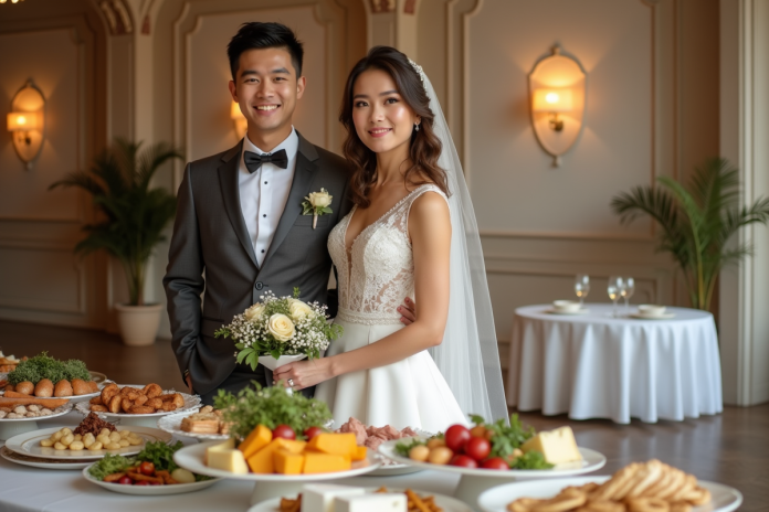 couple-mariage-buffet-reception Jeune couple en mariage souriant près d'un buffet élégant