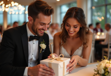 Cadeaux de mariage : pourquoi les offrir ? Avis et traditions Jeune couple souriant ouvrant des cadeaux de mariage lors d'une réception