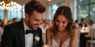Cadeaux de mariage : pourquoi les offrir ? Avis et traditions Jeune couple souriant ouvrant des cadeaux de mariage lors d'une réception