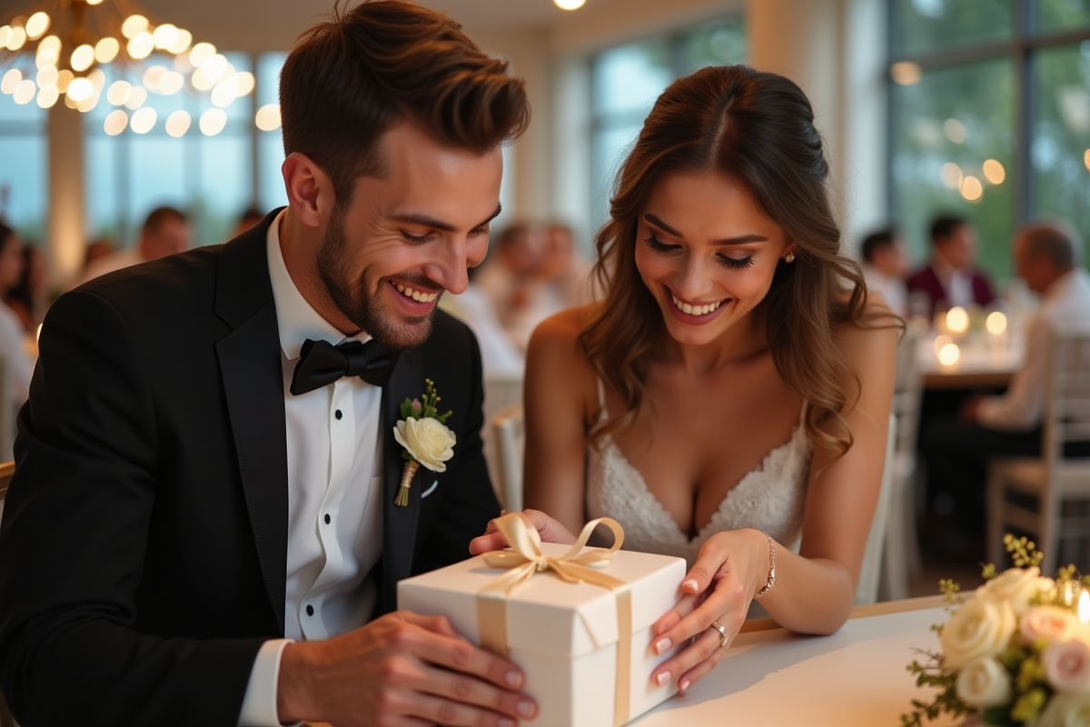 Jeune couple souriant ouvrant des cadeaux de mariage lors d'une réception