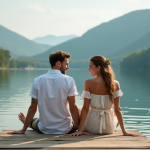 Jeune couple assis sur un pont en bois au bord du lac
