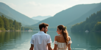 Jeune couple assis sur un pont en bois au bord du lac