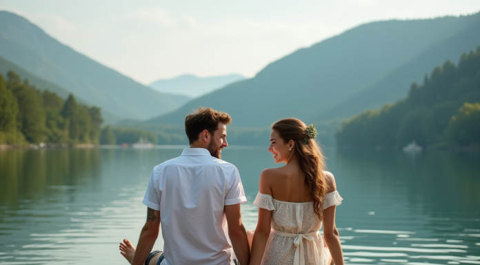 Jeune couple assis sur un pont en bois au bord du lac