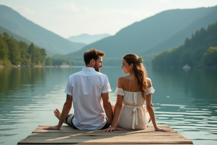 Jeune couple assis sur un pont en bois au bord du lac