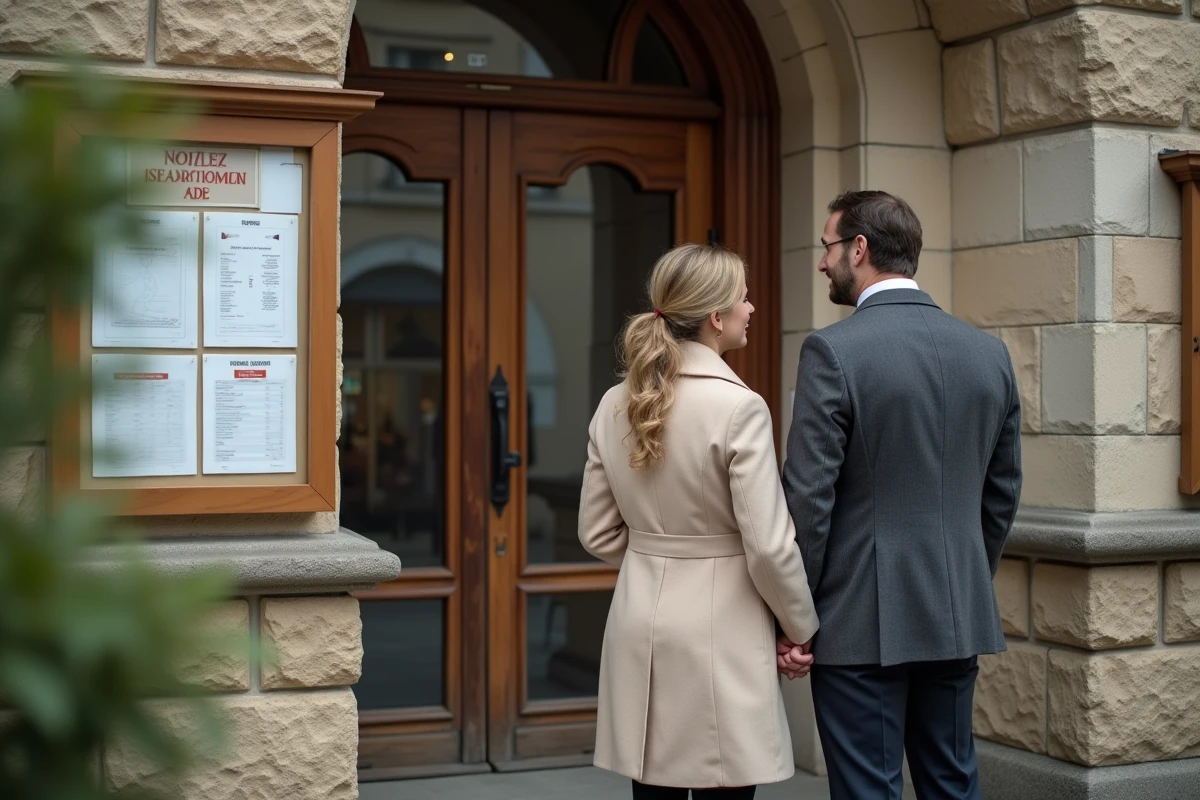 Couple marié devant la mairie en train de consulter une affiche de mariage