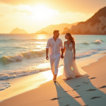 Jeune couple de mariés marchant sur la plage au coucher de soleil