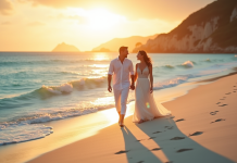 Jeune couple de mariés marchant sur la plage au coucher de soleil