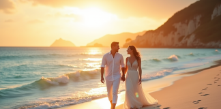 Jeune couple de mariés marchant sur la plage au coucher de soleil