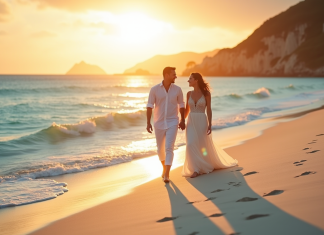 Lune de miel : comment bien choisir pour une escapade romantique ! Jeune couple de mariés marchant sur la plage au coucher de soleil