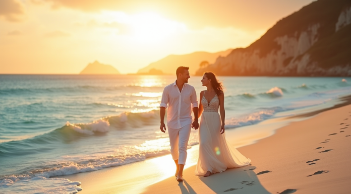 Jeune couple de mariés marchant sur la plage au coucher de soleil