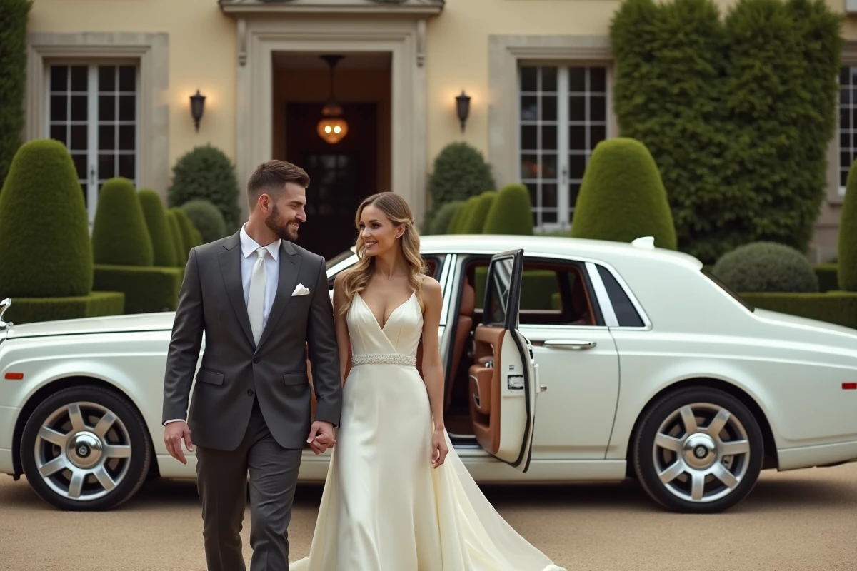 Couple de mariés élégants sortant d'une Rolls-Royce Phantom blanche devant un manoir toulousain avec jardin fleuri