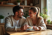 Couple heureux partageant un café matinal dans la cuisine