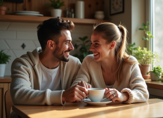 Couple heureux partageant un café matinal dans la cuisine