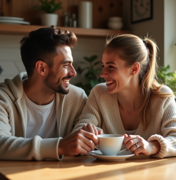 Couple heureux partageant un café matinal dans la cuisine