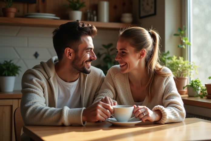 Couple heureux partageant un café matinal dans la cuisine