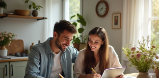 Couple planifiant leur mariage dans une cuisine lumineuse