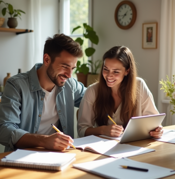Couple planifiant leur mariage dans une cuisine lumineuse