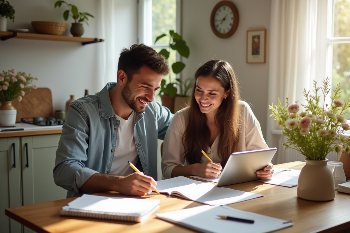 Couple planifiant leur mariage dans une cuisine lumineuse