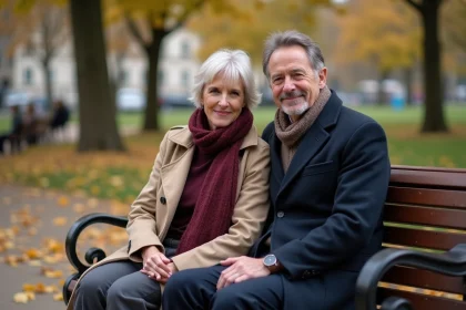 Couple assis sur un banc dans un parc parisien en automne