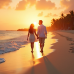 Couple main dans la main sur une plage tropicale au coucher du soleil