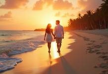 Couple main dans la main sur une plage tropicale au coucher du soleil