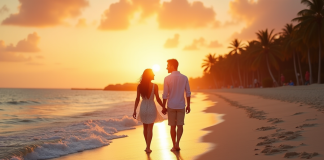 Couple main dans la main sur une plage tropicale au coucher du soleil