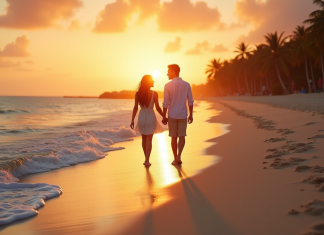 Conseils pour rédiger un itinéraire de lune de miel inoubliable Couple main dans la main sur une plage tropicale au coucher du soleil