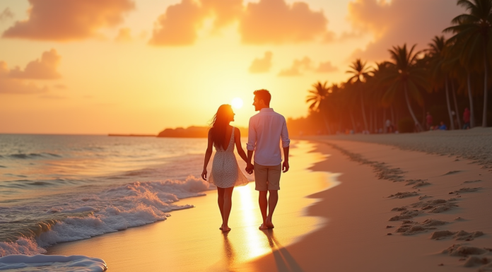 Couple main dans la main sur une plage tropicale au coucher du soleil