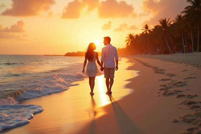 couple-plage-coucher-soleil Couple main dans la main sur une plage tropicale au coucher du soleil