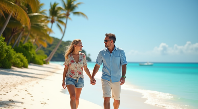 Couple marchant sur plage tropicale en vacances