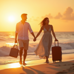 Couple souriant sur une plage tropicale au coucher de soleil