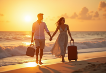 Couple souriant sur une plage tropicale au coucher de soleil