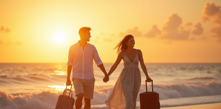 Couple souriant sur une plage tropicale au coucher de soleil