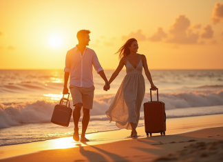 Couple souriant sur une plage tropicale au coucher de soleil
