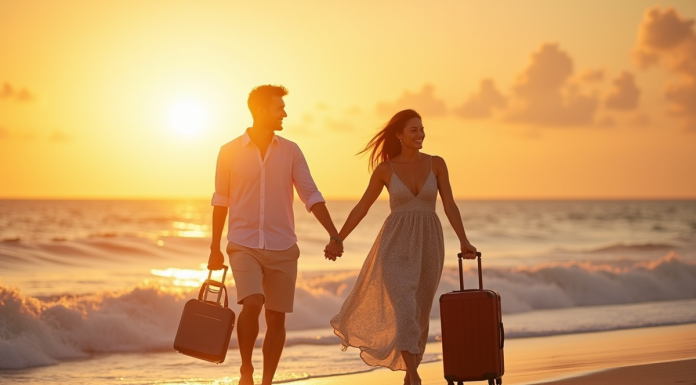 Couple souriant sur une plage tropicale au coucher de soleil