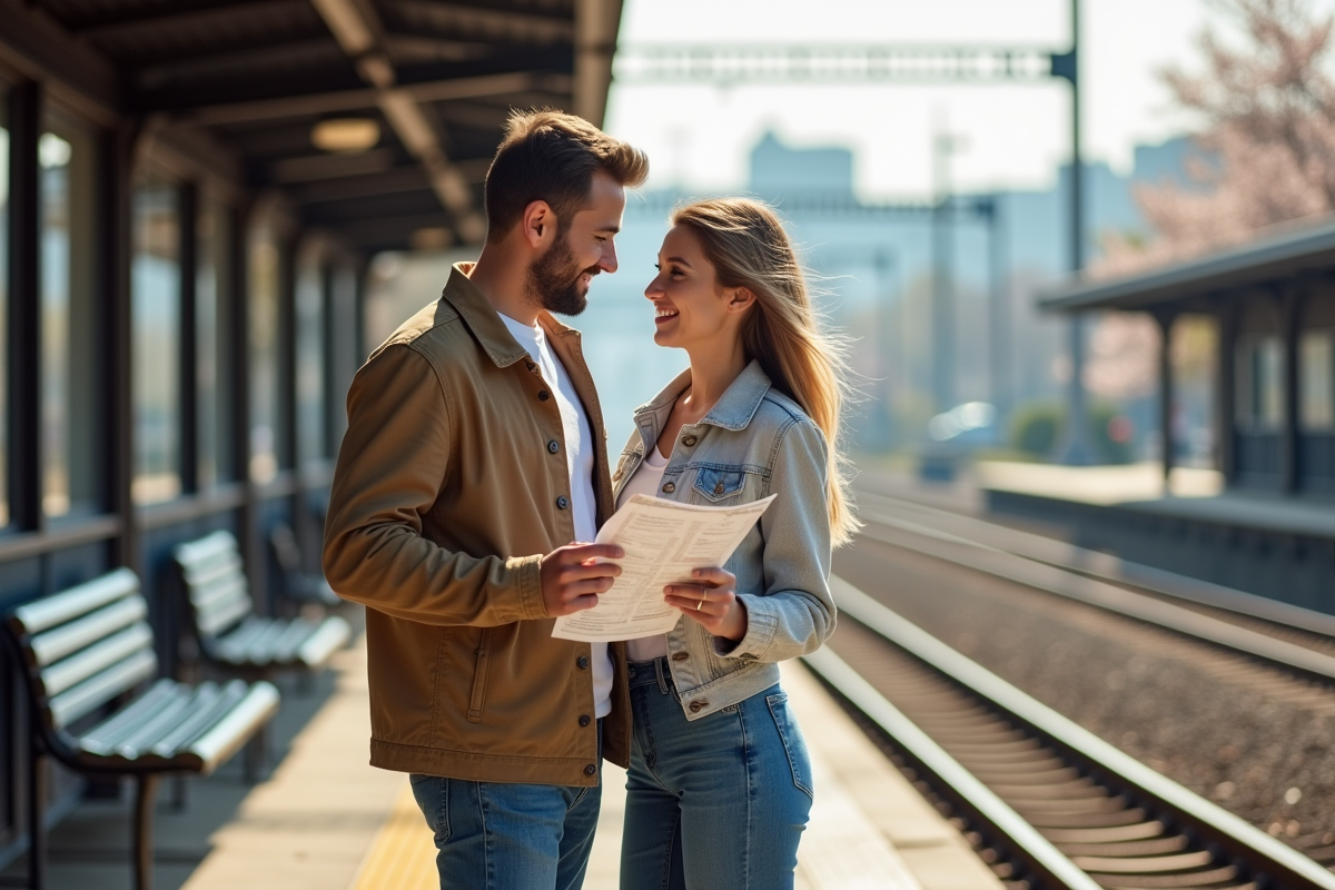 Couple souriant à la gare en préparant leur voyage