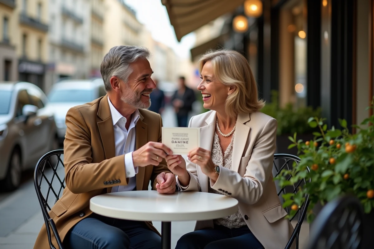 Couple français partageant une save the date en terrasse