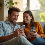 Relation à distance : avantages, inconvénients et conseils pour réussir Jeune couple en visio appel souriant dans leur salon