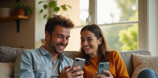 Jeune couple en visio appel souriant dans leur salon